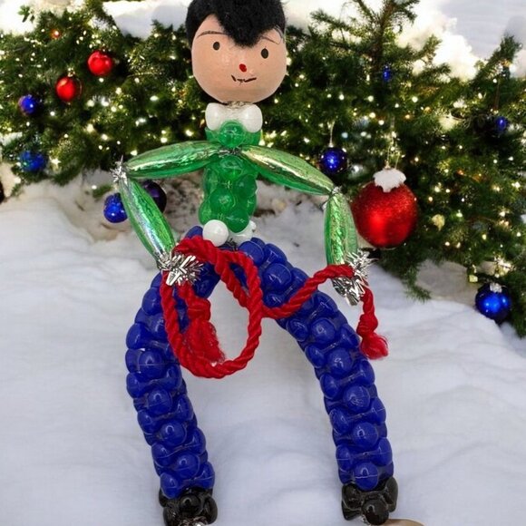 Vintage Beaded Cowboy Christmas Tree Ornament With Red Lasso Handmade Bendable - Picture 1 of 6